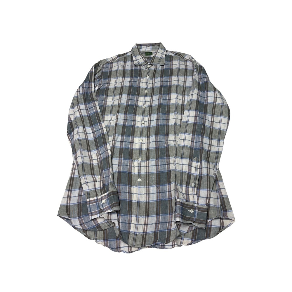 Sid Mashburn Mens Large 100% Linen Plaid Button Down Shirt Grey Blue White